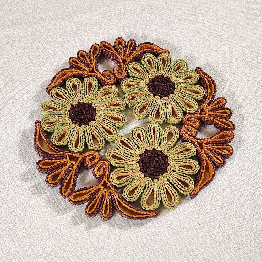 Woven Floral Trivet Hot Pad 70s Boho Cottagecore Kitchen Decor